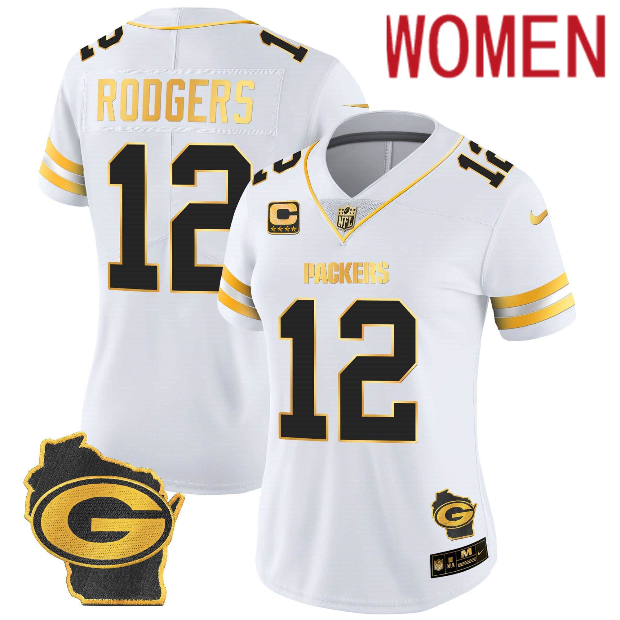 Women Green Bay Packers 12 Rodgers White Gold 2024 Nike Home Patch Vapor NFL Jersey